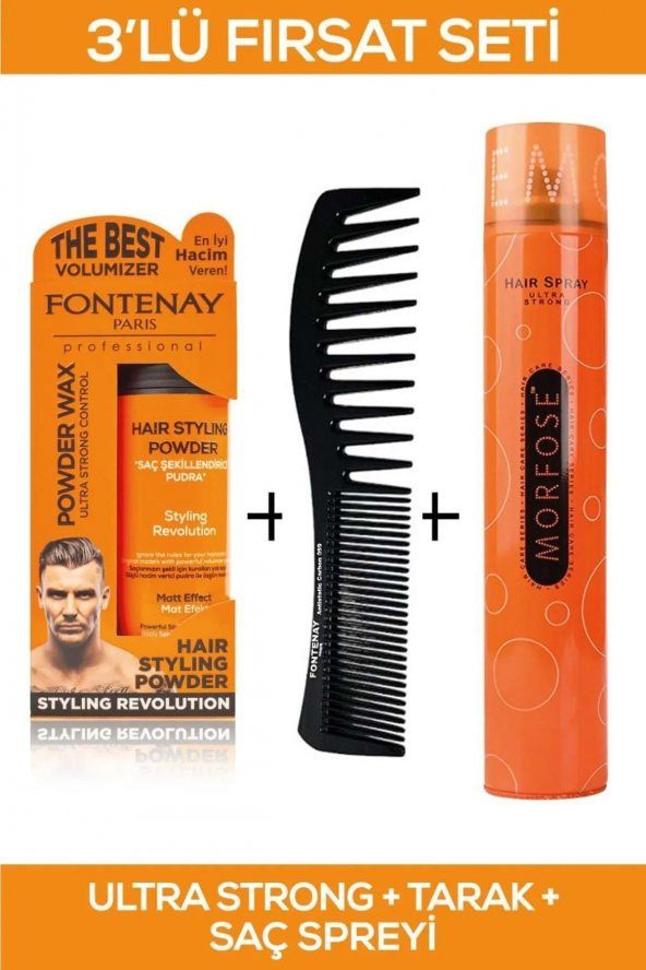 Fontenay Saç Şekillendirici Pudra Toz Wax Ultra Strong Turuncu + Şekil Tarağı + Saç Sprey 3Lü Set ürün görseli 1