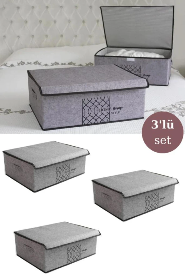 Flosoft 3 ADET Keçe Kapaklı Baza Hurcu, Çok Amaçlı Düzenleyici Organizer 50x40x19 Cm GRİ ürün görseli 1