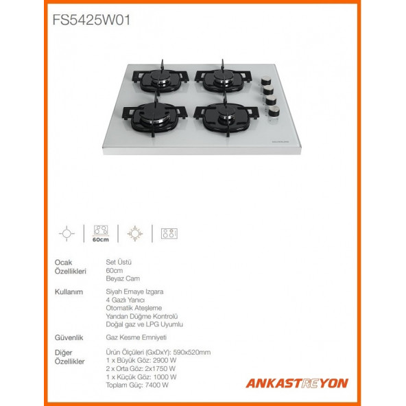 Silverline FS5730E6W01  Beyaz Cam Setüstü Ocak - Resim 2