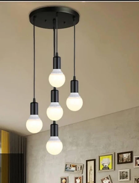 Rsylight Retro Metal Dekoratif Rustik 5 Li  Yuvarlak Siyah Sarkıt  Avize çap:30 cm ürün görseli 1