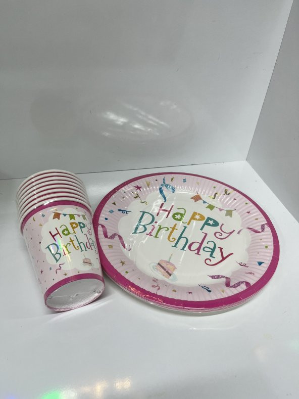 Happy Bırthday Karton Tabak Bardak Pembe 8 li ürün görseli 1