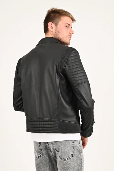Echo Siyah Biker Deri Hakiki Deri Erkek - Resim 5