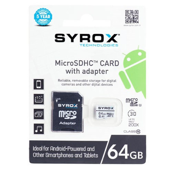 Syrox 64 GB Micro Sd Card Hafıza Kartı & Adaptörü Class 10 MC64 ürün görseli 1
