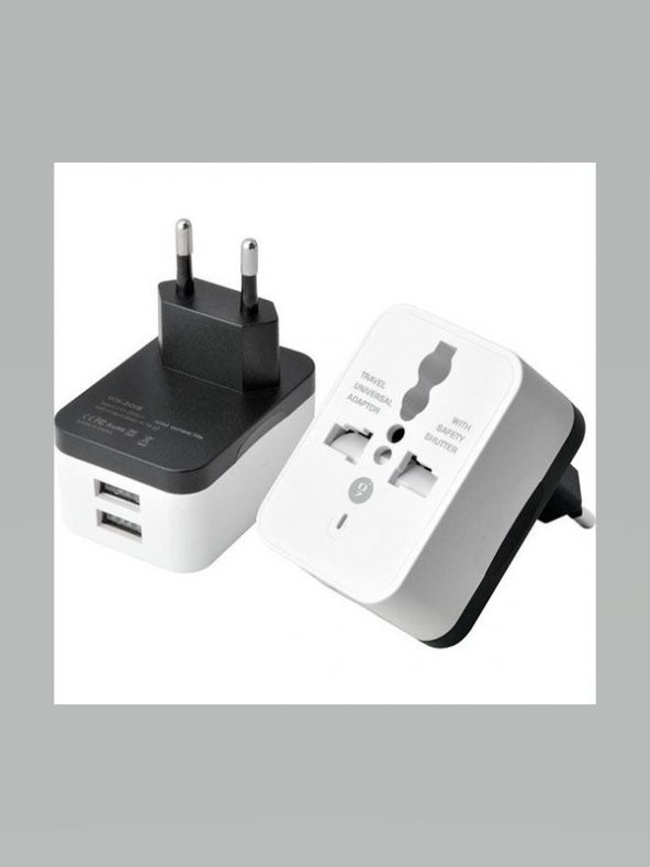 Seyahat Tipi Çift USB Portlu Çevirici Priz Türk-Amerikan ve Ingiliz Fişi Dönüştürücü Adaptör ürün görseli 1