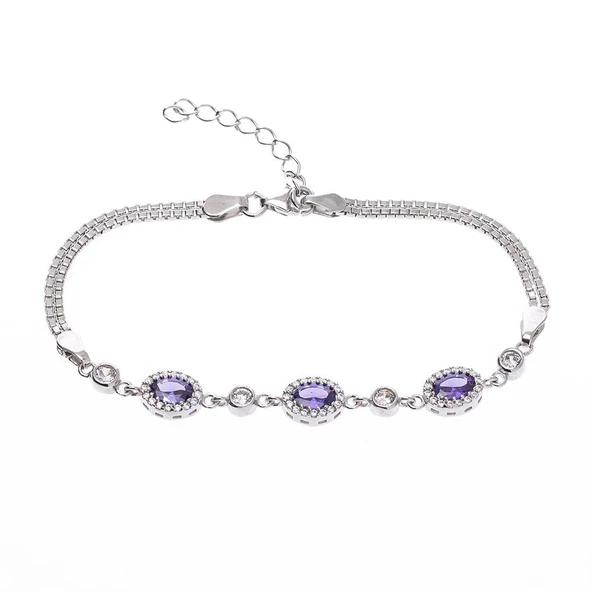 Mor 4-6 mm Oval Zirkon Taşlı Gümüş Kadın Bileklik ürün görseli 1