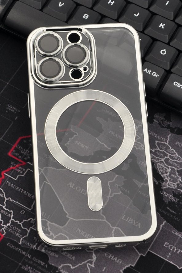 iPhone 13 Pro Uyumlu MagSafe Özellikli Gümüş Gri Silver Renkli Kenarlı Lazerli Şeffaf Kılıf Lens Korumalı ürün görseli 1
