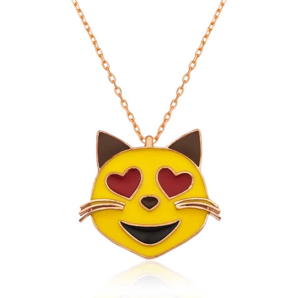 Gümüş Kalp Gözlü Kedi Emoji Bayan Kolye SL1250 ürün görseli 1