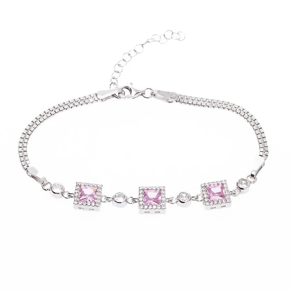 Kare Model 5 mm Pembe Zirkon Taşlı 925 Ayar Gümüş Kadın Bileklik ürün görseli 1