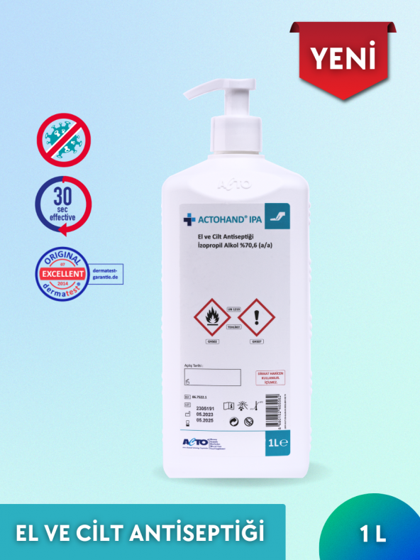 ACTOHAND IPA 1 Litre  El ve Cilt Antiseptiği - İzopropil Alkol 75  (v/v) ürün görseli 1