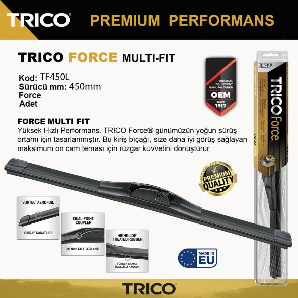Trico FORCE MULTIFIT Tek Silecek 450mm TF450L ürün görseli 1