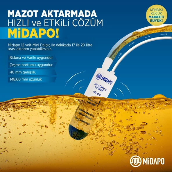 Midapo 12 Volt 1/4 Mini Dalgıç Pompa Mazot,Su Yada Süt Pompası - Resim 4