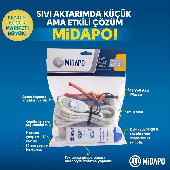Midapo 12 Volt 1/4 Mini Dalgıç Pompa Mazot,Su Yada Süt Pompası - Resim 2