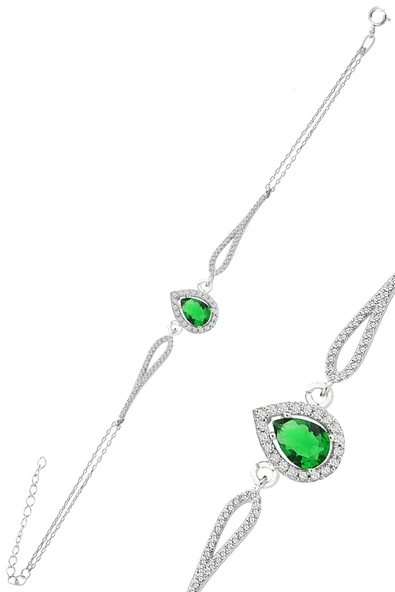 Gümüş rodyumlu kök  zümrüt zirkon taşlı pırlanta modeli damla bileklik SGTL12219YESIL ürün görseli 1