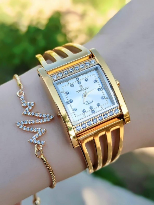 Revello Altın Kaplama Kaburga Modeli Swarovski Taşlı 30 mt Su Geçirmez+Bileklik RVL1992-A ürün görseli 1