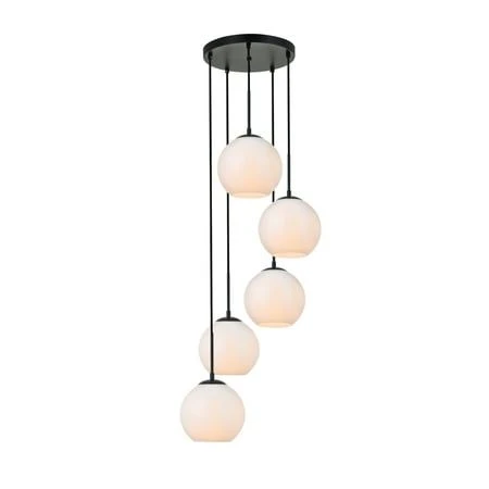 Rsylight Metal Modern Siyah Retro Rustik Yuvarlak 5 Li Opal Camlı Sarkıt Avize ürün görseli 1