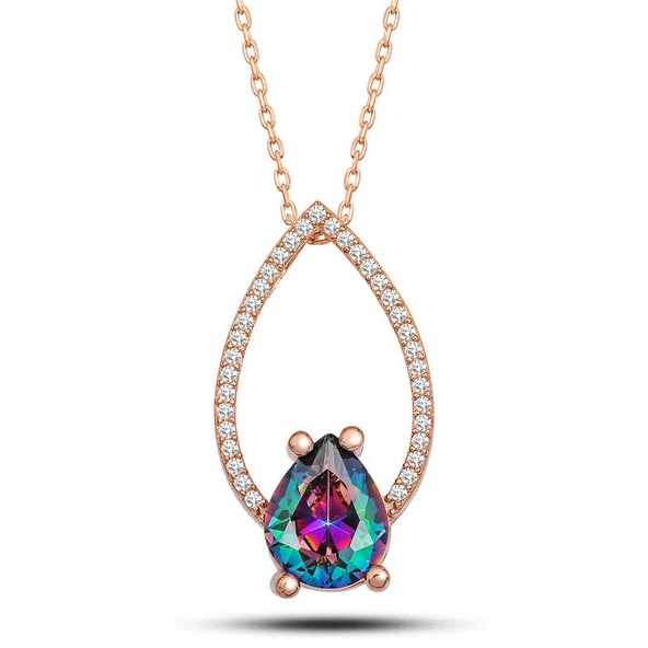 Gümüş Rose Mistik Topaz Taşlı Damla Kadın Kolye SL5274 ürün görseli 1