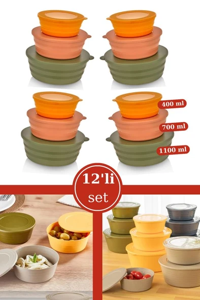 12 Adet Kapaklı Erzak Saklama Kabı, Kase Çerezlik Kahvaltılık 3 Boy 12’li Set 4x(400ml,700ml,1100ml) ürün görseli 1