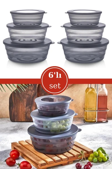 6 Adet Kapaklı Füme Saklama Kabı, Kase Çerezlik Kahvaltılık 3 Boy 6’lı Set 2x(400ml,700ml,1100ml) ürün görseli 1