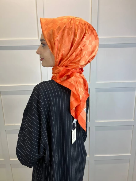 Hint İpek Dama Desenli Monogram Eşarp 00677  ORANGE - Resim 4