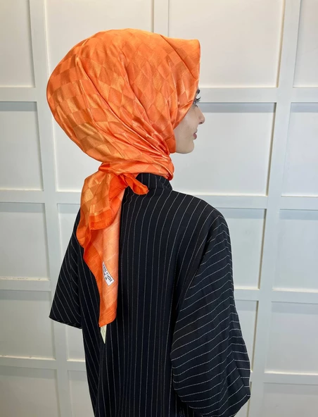 Hint İpek Dama Desenli Monogram Eşarp 00677  ORANGE - Resim 2