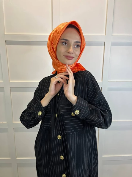 Hint İpek Dama Desenli Monogram Eşarp 00677  ORANGE ürün görseli 1