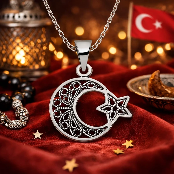 Gümüş Ay Yıldız Bayan Kolye  SL1613 - Resim 3