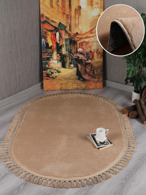 My Evilla Modern Dekoratif Oval Örgü Saçaklı Simirna  Peluş  Halı Yolluk ürün görseli 1