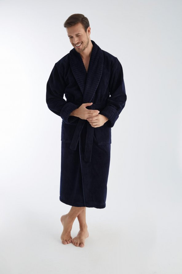 Yaka Fitilli Bambu Cotton Erkek Bornozu - Resim 2