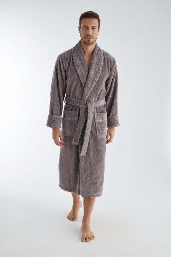 Yaka Fitilli Bambu Cotton Erkek Bornozu - Resim 6