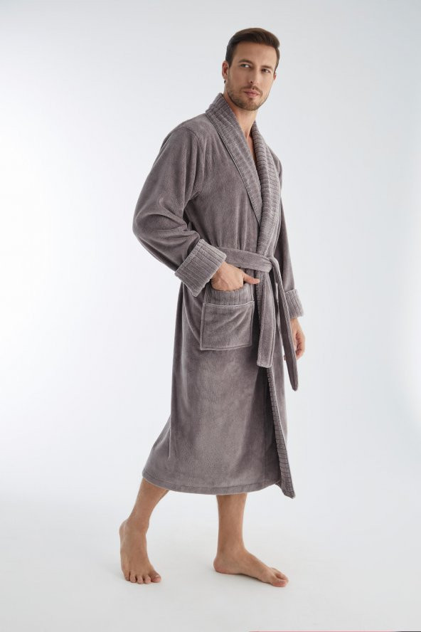 Yaka Fitilli Bambu Cotton Erkek Bornozu - Resim 7