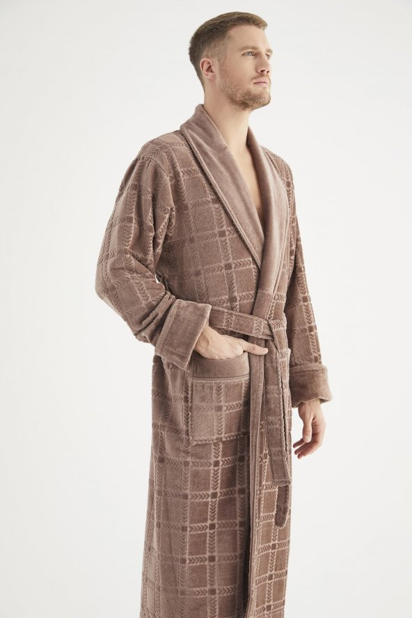 Jakarlı %100 Cotton Erkek Bornozu - Resim 4