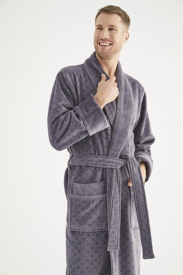 Jakarlı %100 Cotton Erkek Bornozu - Resim 7
