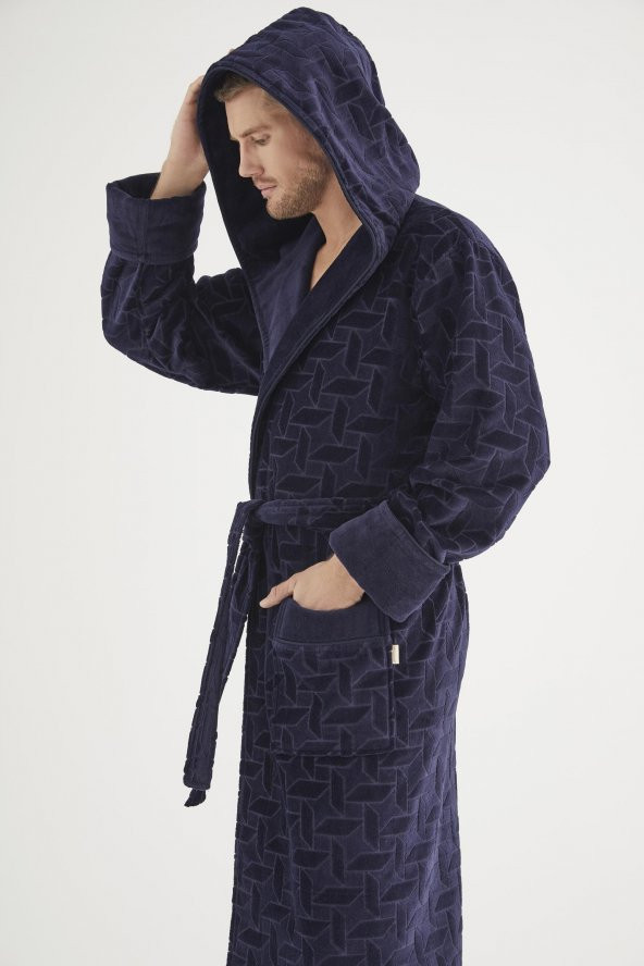 Jakarlı %100 Cotton Erkek Bornozu - Resim 2