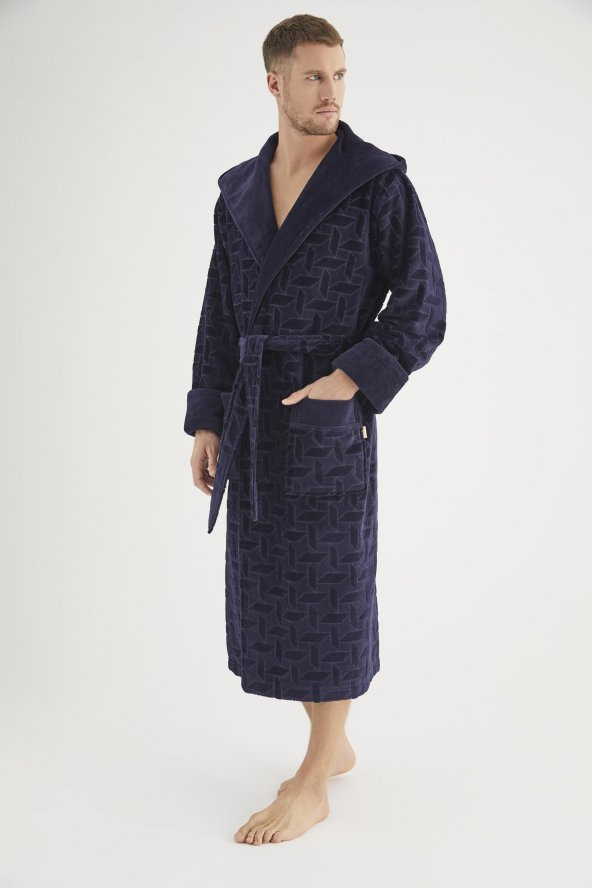 Jakarlı %100 Cotton Erkek Bornozu - Resim 6