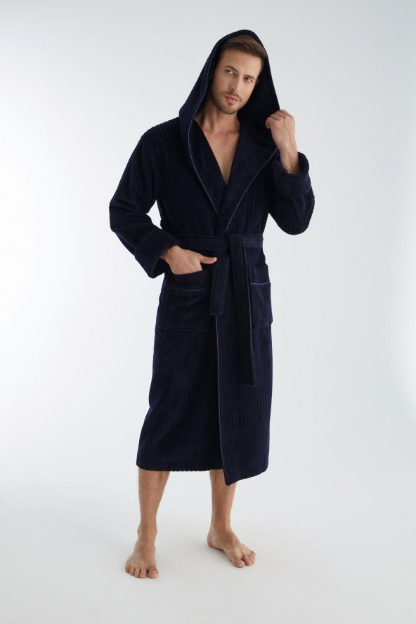 Yaka Fitilli Bambu Cotton Erkek Bornozu - Resim 2