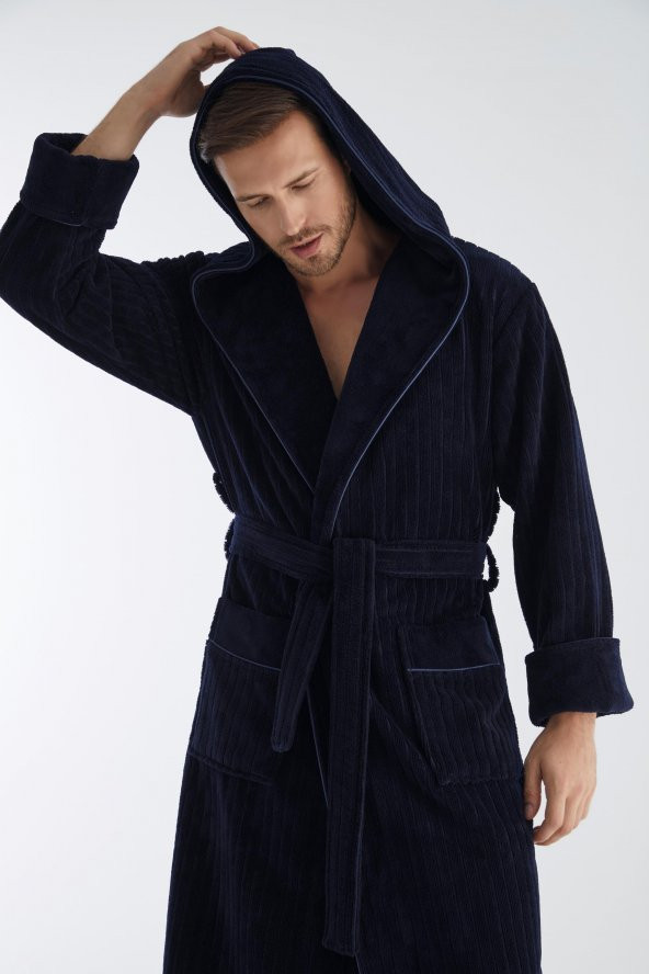 Yaka Fitilli Bambu Cotton Erkek Bornozu - Resim 3