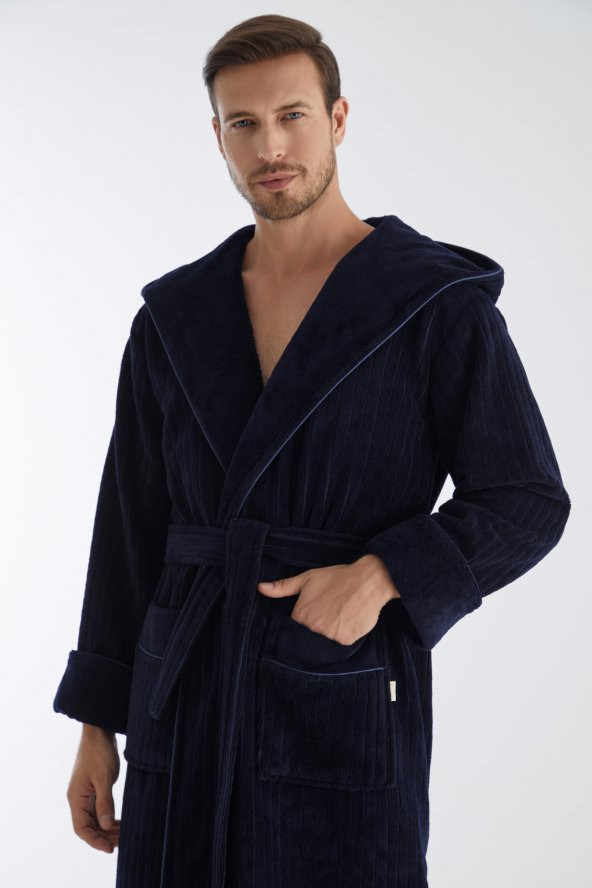 Yaka Fitilli Bambu Cotton Erkek Bornozu - Resim 5