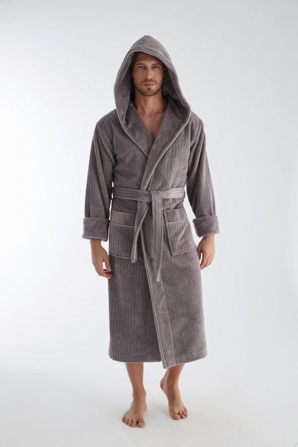 Yaka Fitilli Bambu Cotton Erkek Bornozu - Resim 7