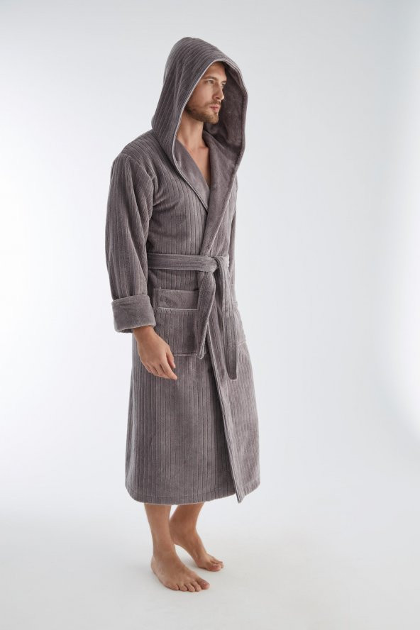 Yaka Fitilli Bambu Cotton Erkek Bornozu - Resim 8