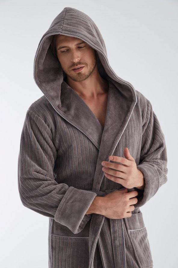Yaka Fitilli Bambu Cotton Erkek Bornozu - Resim 9