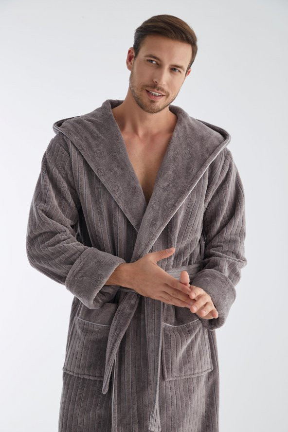 Yaka Fitilli Bambu Cotton Erkek Bornozu - Resim 11
