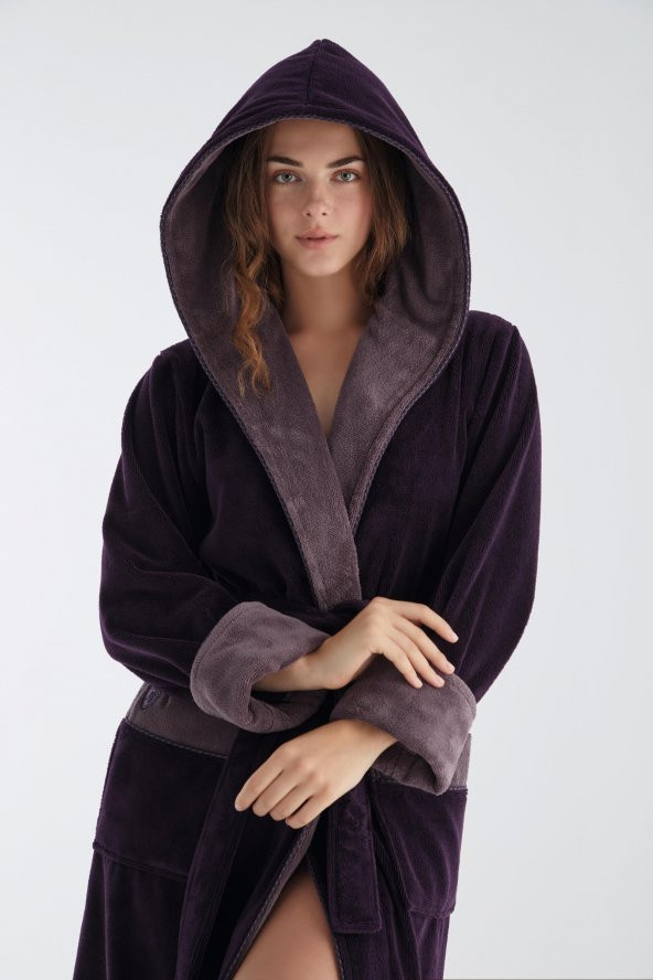 Uzun Kapüşonlu Triga Bambu Cotton Bayan Bornoz - Resim 3