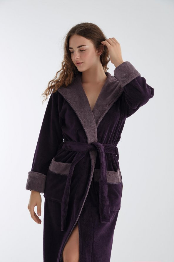 Uzun Kapüşonlu Triga Bambu Cotton Bayan Bornoz - Resim 7