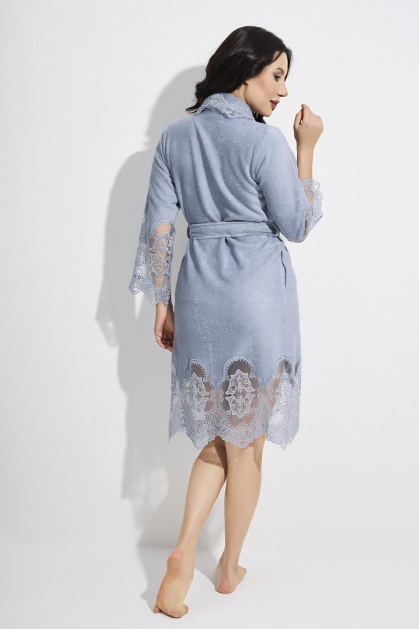 Dantelli Kısa Şalyaka Bukle Bambu Cotton Bayan Bornoz - Resim 11