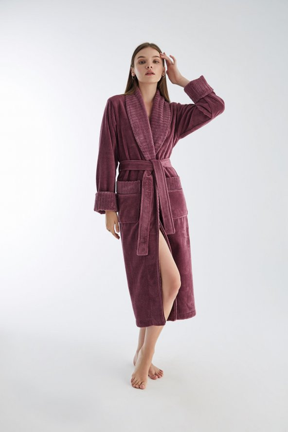 Yaka Fitilli Triga Bambu Cotton Bayan Bornozu - Resim 2