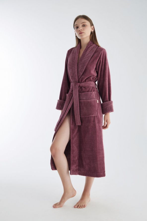 Yaka Fitilli Triga Bambu Cotton Bayan Bornozu - Resim 3