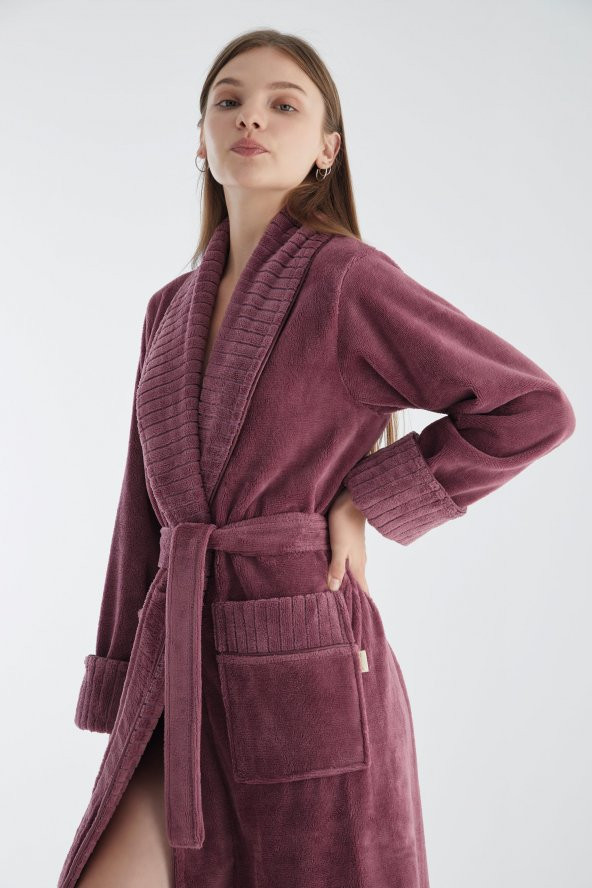 Yaka Fitilli Triga Bambu Cotton Bayan Bornozu - Resim 4