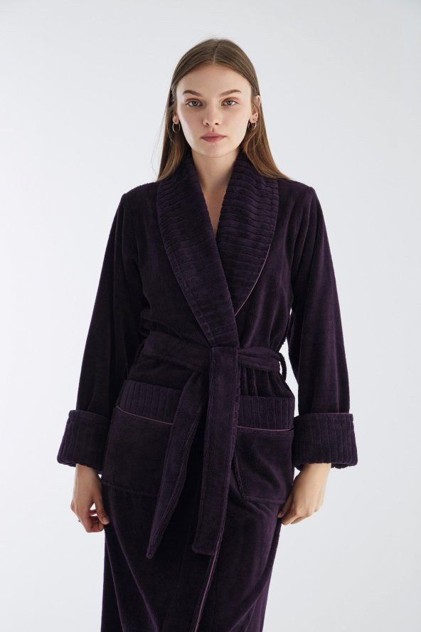 Yaka Fitilli Triga Bambu Cotton Bayan Bornozu - Resim 6