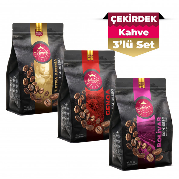 Anisah Coffee Espresso Kahve Çekirdek Seti 3x1000gr Bolivar, Genoa, Extra Aroma ürün görseli 1