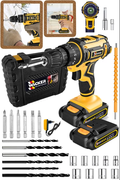 Wacker Pro Germany Dark 45 Kademe Tork W-8827 Bakır Sargı Çelik Şanzuman Akülü Şarjlı Matkap Vidalama Set ürün görseli 1